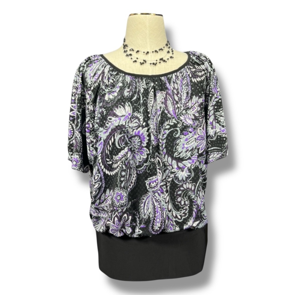 Cato Smocked Waisted Paisley Blouse Sequin Women’s XL Purple Black White Top